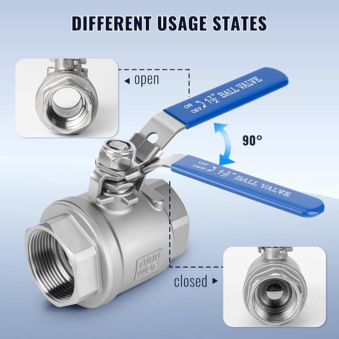 2 Pack 1.5" Ball Valves NPT Female Valve 304 Stainless Steel Full Port Locking Ball Valve Handle, Heavy Duty Shut Off Valve for Home and Industrial (1.5 Inch)