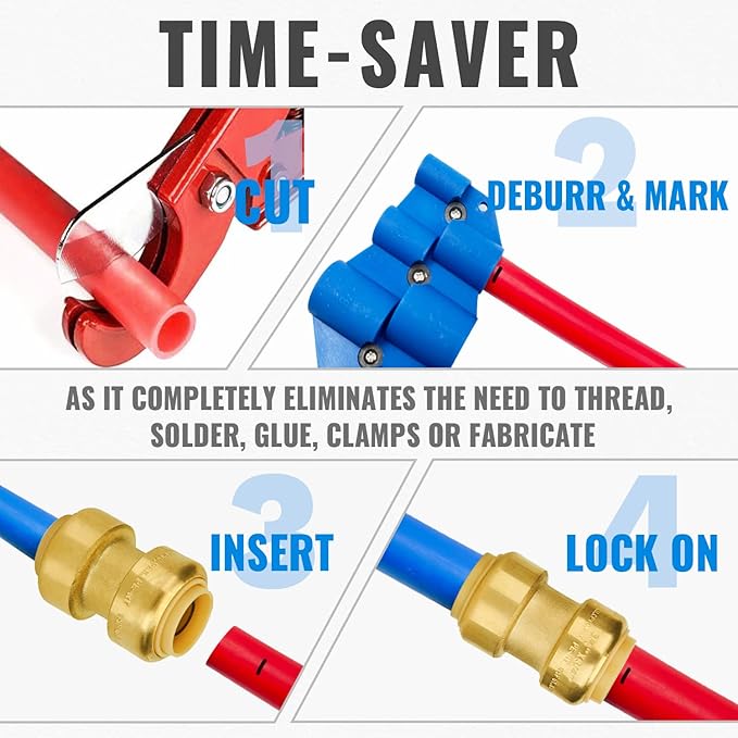 SUNGATOR Push Plumbing Fittings Assortment, 1/2 Inch Coupling (5 PCS), 3/4 Inch Coupling (5 PCS), No Lead Brass Push to Connect Pex Pipe, Copper, CPVC, with 2 Disconnect Clips, Pack of 10