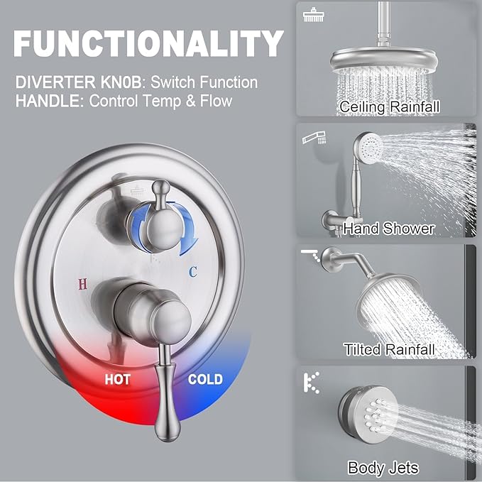 Enga Antique Shower Faucet Sets Dual Heads with 4 Body Jets, 8" + 6" Ceiling & Wall Mount Vintage Shower Head with Handheld Spray Combo, 4 Way Diverter Brass Valve, Brushed Nickel