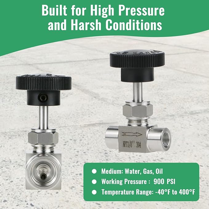Angry Pony Stainless Steel 304 NPT FNPT 1/8 female Straight Needle Valve, High Pressure Hydraulic Flow Control Valve for Water Oil Gas Systems, 900 PSI