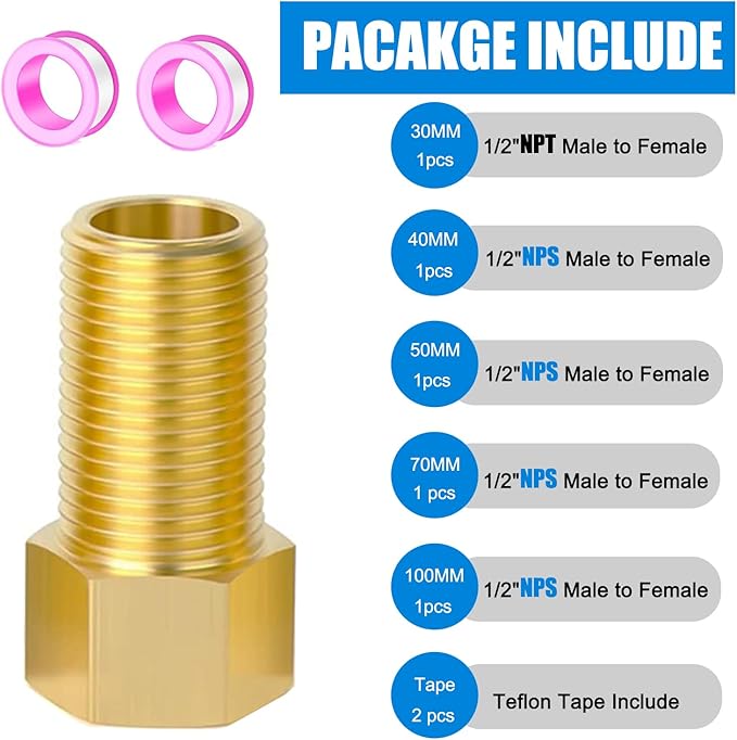 1/2" Brass Pipe Fitting, 1/2" Female to 1/2" Male Pipe Extension Fittings Connector for Tub Spout/Shower, Hex Bushing Converter Adapter, Length 30MM/40MM/50MM/70MM/100MM (5pcs) with Teflon Tape (2pcs)