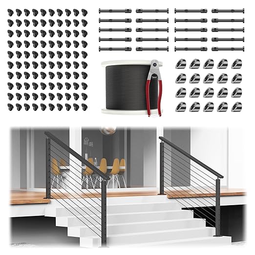36" Stair Railing Post Kits(Post 35"x2"x2"), Adjustable Top Stair Cable Post System Includes 4Pack Stair Posts, 250FT Wire Rope, Black Swageless Cable Railing System Kit(No Handrail), RG32