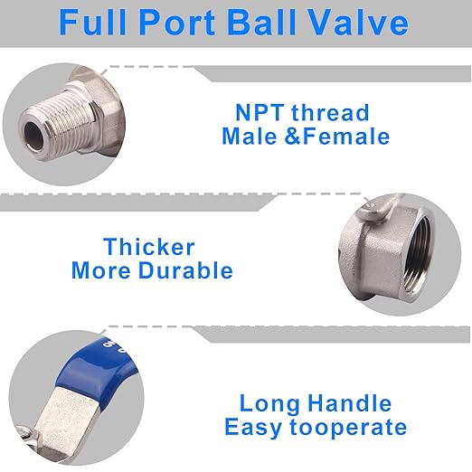 DERNORD Full Port Ball Valve 3/8 Inch - Male x Female Stainless Steel 304 Heavy Duty for Water, Oil, and Gas,1000WOG (3/8 Inch NPT)