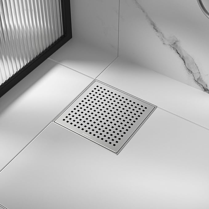 Square Shower Drain 8", 304 Stainless Steel Floor Drain with Grid Drain Cover & Hair Strainer, Retrofit Shower Drain w/CUPC Certified, Brushed