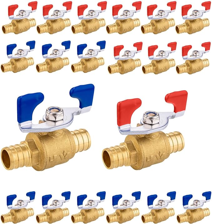 20PCS Foskan 3/4" PEX Crimp Ball Valve, Brass Full Port Shut-off Valve with Blue/Red Butterfly Handle for Portable Water Poject