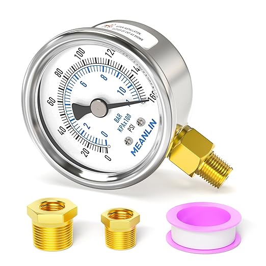 MEANLIN MEASURE 0~160Psi Dry Pressure Gauge Stainless Steel 1/8" NPT 2" FACE DIAL Waterproof for Air Compressor RV Regulator Water Pressure Tester Lower Mount with 1/4" NPT and 3/8" NPT Hex Bush