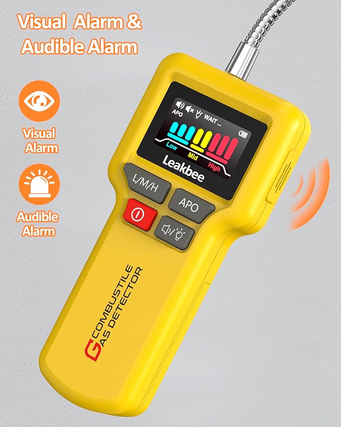 Y201-Pro Natural Gas Detector, Gas Leak Detector with 12-Inch Gooseneck, Locating The Source of Propane, Natural Gas, and Combustible Gas Leak for Home and RV (Battery x3 1.5V AA) - Yellow