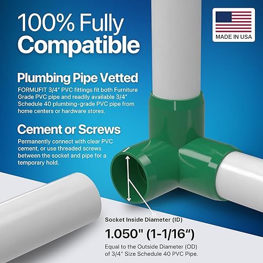 FORMUFIT 3/4” 3-Way Elbow Furniture Grade PVC Fitting in Green, Made in USA, UV-Resistant, Impact-Proof, 1.050” Actual Socket Diameter (Pack of 8)