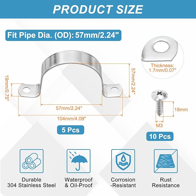 uxcell 5Pcs 57mm(2-1/4") Two Hole Rigid Pipe Strap, 304 Stainless Steel Conduit Clamp Thicken U Bracket Heavy Duty Pipe Clamp with Self-Tapping Screws for Fixing Tube Cable, Silver