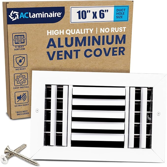 10x6 Inch (Duct Opening) Aluminum 3-Way Air Flow Vent – HVAC Vent Cover for Wall or Ceiling – Quiet HVAC Wall Register with Multi-Shutter Damper – Adjustable Curved Blade - Plastic Seal for Tight Fit