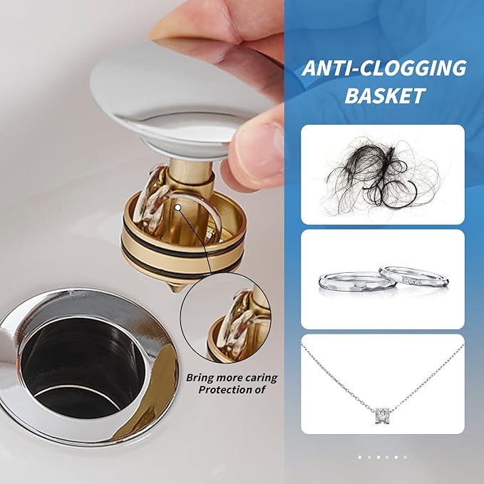 BWE Chrome One-Piece Bathroom Sink Drain Stopper Without Overflow Vessel Vanity Faucet Bathroom SinkPop-Up Drain Assembly with Strainer for Bathroom