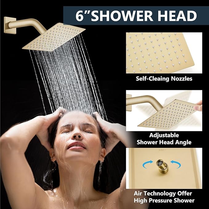 Aolemi Shower Faucet Set Ceiling Mount Shower System Rough-in Valve and Shower Trim Kit 12 and 6 Inch Dual Shower Head 2 in 1 Handheld Spray Push Button Diverter Brushed Gold