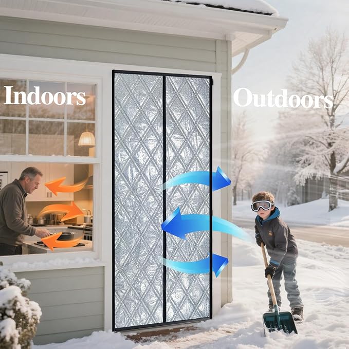 gulrear 38"x83" 3-Layer Thermal Door Insulation Curtain & Temporary Door Insulation Cover for Winter with Reflective Aluminum Foil – Blocks Cold and Heat,Magnetic Curtain for Easy Entry and Exit
