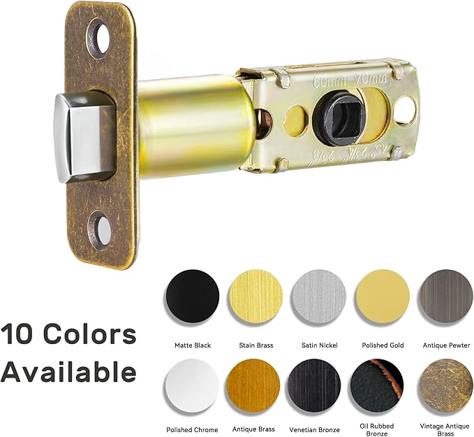 Antique Brass Brozne Adjustable Door Latch 60 or 70mm, 45° Turning Angle, Door Lock Replacement Parts with Door Strike Plate, Wood Dowel, Dust-Boxes