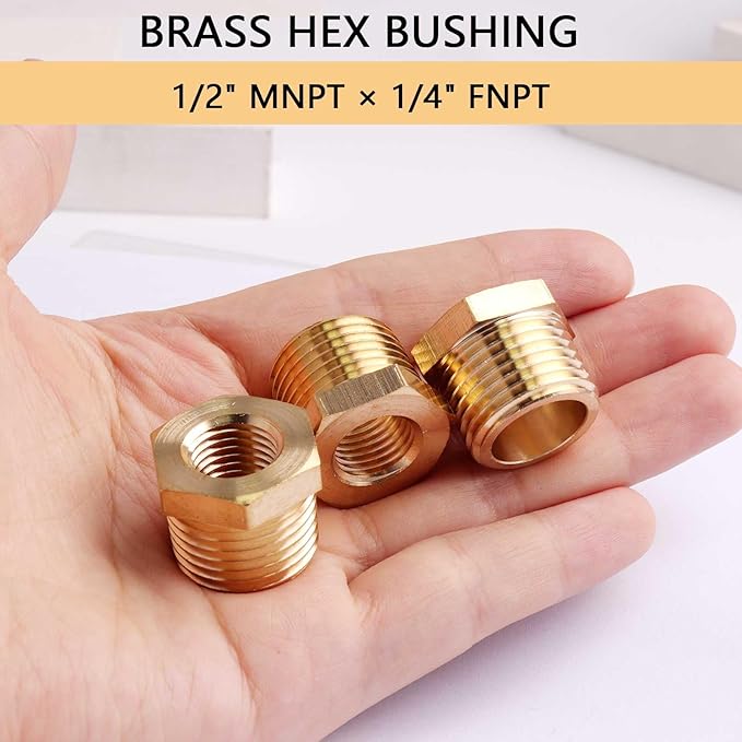 1/2" NPT Male to 1/4" NPT Female Brass Hex Bushing Reducing Bushing Pipe Fitting, Brass Fitting Reducer Adapter 3 Pack