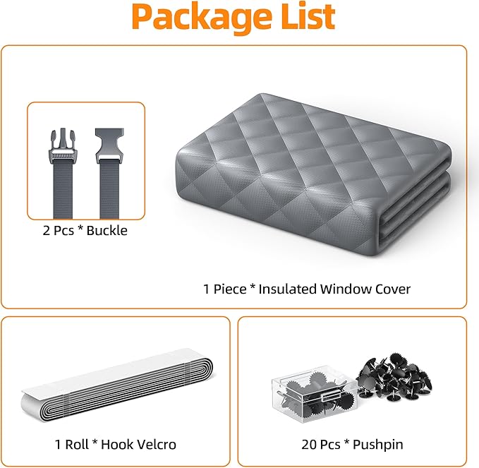 Window Insulation for Winter39”×63” Windows Insulation Kit Thermal Insulated Window Cover Fit Max Size 38”×62”with Hook & Loop Insulated Curtains for Winter Windows Blanket in Bedroom Attic RV - Gray