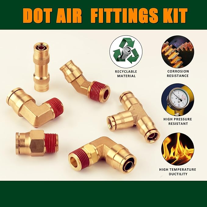 37Pcs Brass DOT Air Brake Line Fittings Assortment Kit 1/4" 3/8" 1/2" Push to Connect Fittings Air System Repair Kit for Truck, Air Brake Union 45 Degree & 90 Degree Male Elbow