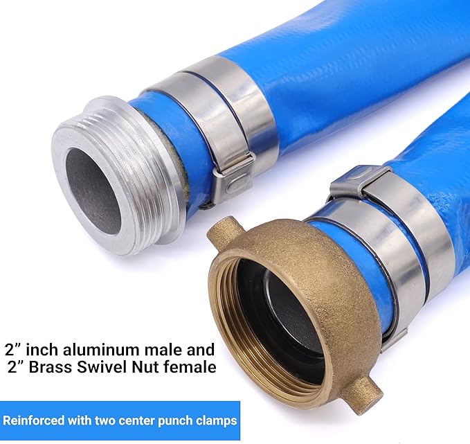 1-1/2" x 50′FT Pool Backwash Hose With Aluminum Pin Lug Fittings, Heavy Duty Reinforced PVC Lay Flat Water Pump Discharge Hose Assembly