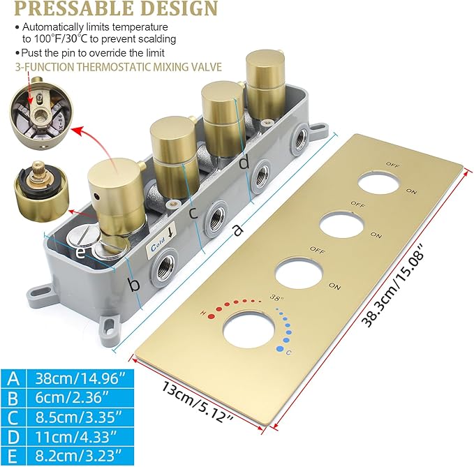 Thermostatic 3 Way Shower Diverter Valve, Modern Bathroom Concealed Brass Mixer Mixing Faucet Valve Kit Single Handle Control Flow Can Use At The Same Time, Brushed Gold