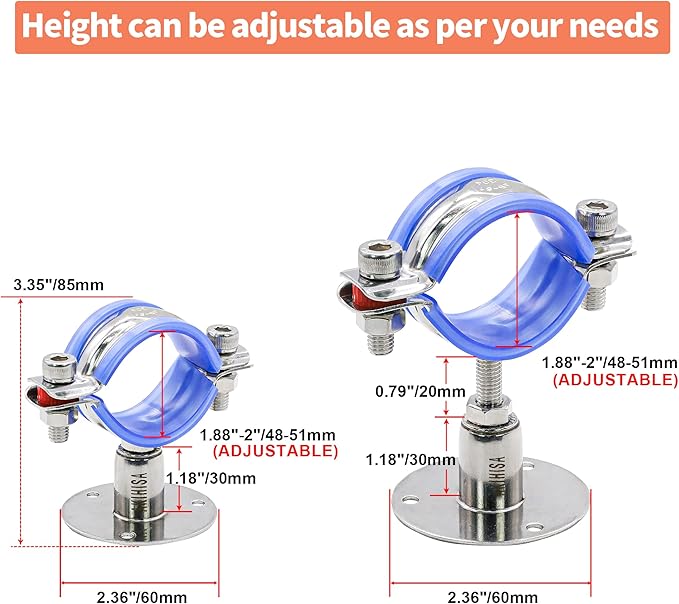 AKIHISA 2 Pcs 304 Stainless Steel Pipe Supports, Wall Mount Ceiling Mount Pipe Hanger, Pipe Holder for OD Pipe 48-51MM Adjustable Height Range 30-50mm