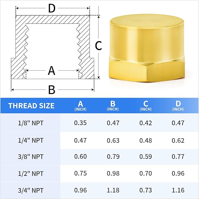 ChillWaves Brass Pipe Fitting, Hex End Cap Pipe Fitting，1/2" NPT Female，Thread Adapter(6-PACK)