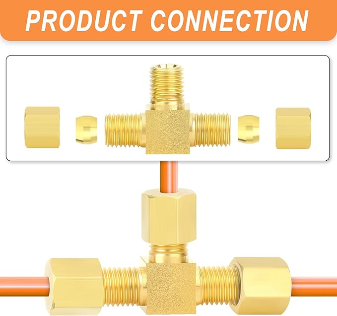 GASHER 5PCS Brass Compression Tube Pipe Fitting Connector, Tee，1/8" x 1/8" x 1/8" Tube OD Connector