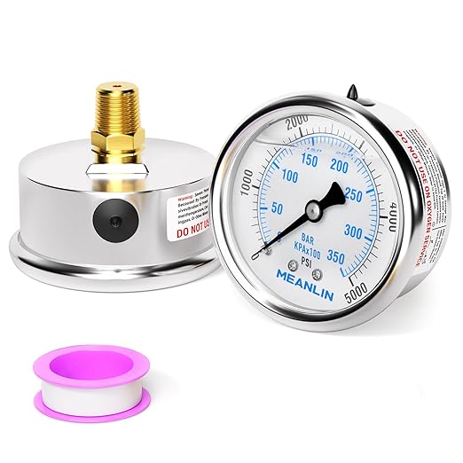 MEANLIN MEASURE 0~5000Psi Liquid Filled Pressure Gauge 1/4" NPT 2.5" FACE DIAL Stainless Steel Glycerin Filled WOG Water Oil Air Back Mount