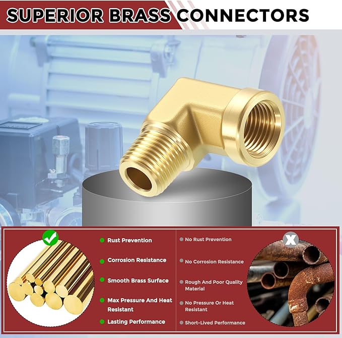 Pack of 2, 90 Degree 1/8" NPT FeMale to 1/8" NPT Male Solid Brass Barstock Street Elbow, Forged Pipe Fitting for Pipe Leak Repair, Bathroom Remodeling, Tool Extensions, Compression