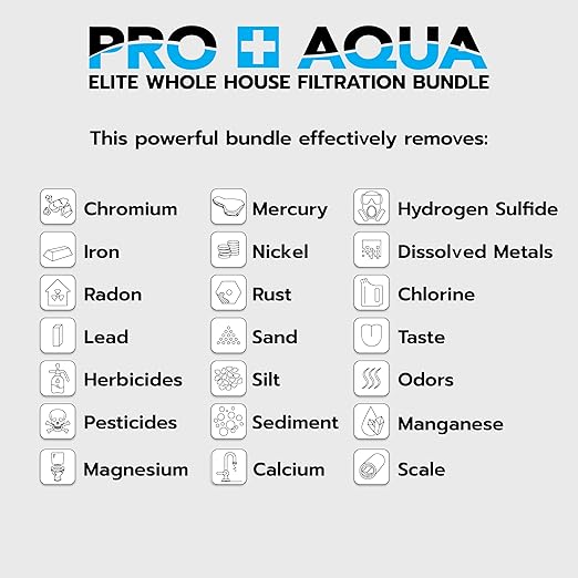 PRO+AQUA Elite 5-Stage Whole House Water Softener and Filter Bundle System for Well Water | Reduces Heavy Metals, Iron, Sulfur, Sediment, Chlorine, and More | Ideal for 3-4 Bathrooms (+ RO System)