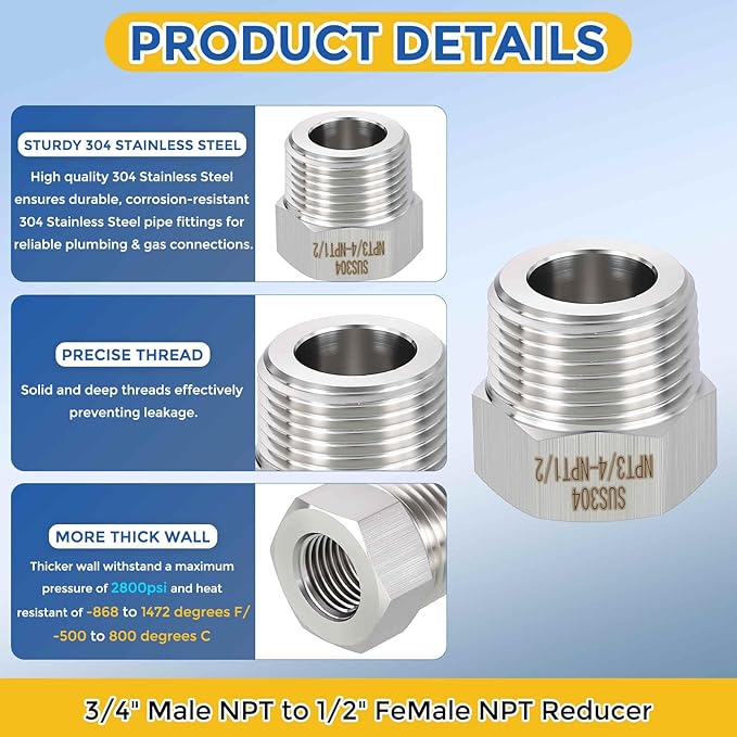 1 Pack 304 Stainless Steel Pipe Fittings, 3/4" Male NPT to 1/2" FeMale NPT Hex Bushing Reducer, Hose Tube Threaded Adapter for Air, Oil, LP
