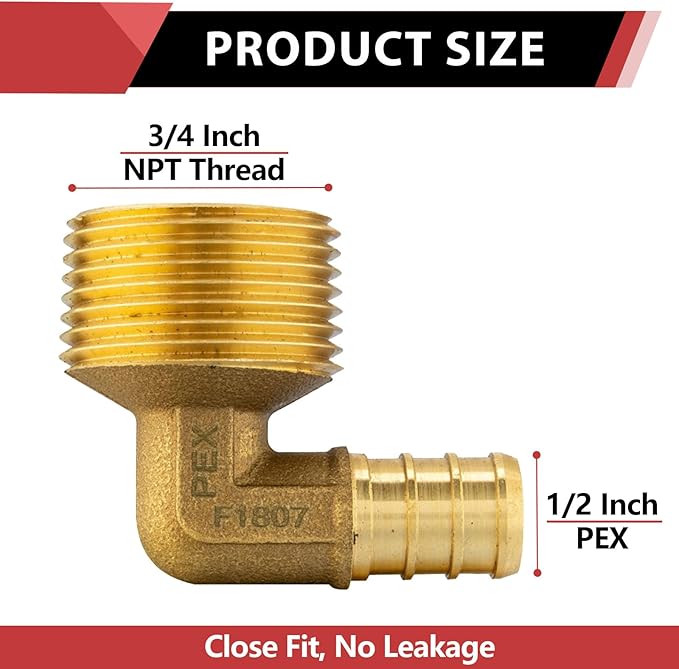 (Pack of 5) EFIELD Pex 1/2"x 3/4" Male Threaded NPT Elbow Brass Crimp Fittings,(PEX1807103-5PCS)