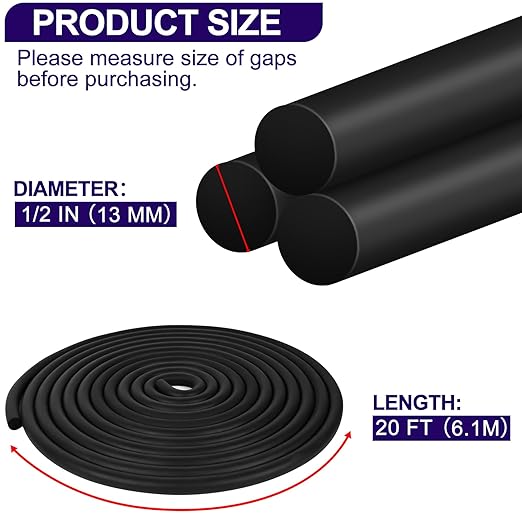 ToLanbbt Backer Rod EPDM Rubber 1/2" Diameter x 20' Length Caulk Saver Door Window Weather Stripping Seal for Concrete Filling Joints and Gaps (Black)