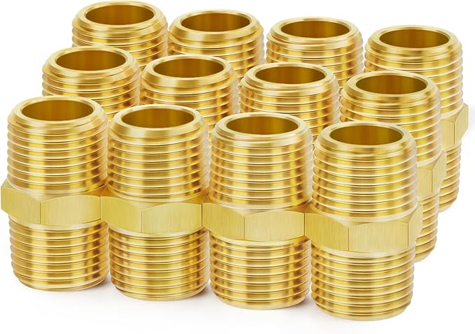 ChillWaves Brass Pipe Fitting, Hex Nipple 3/8" NPT Male x 3/8" NPT Male Thread Adapter(12-PACK)