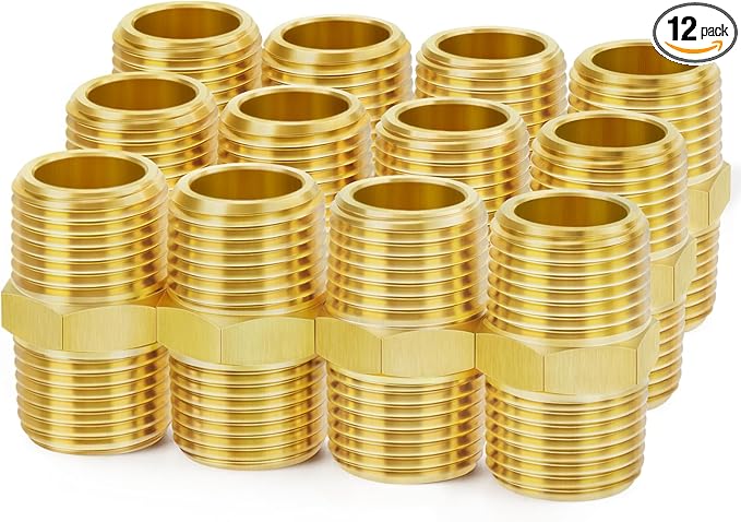 ChillWaves Brass Pipe Fitting, Hex Nipple 1/4" NPT Male x 1/4" NPT Male Thread Adapter(12-PACK)