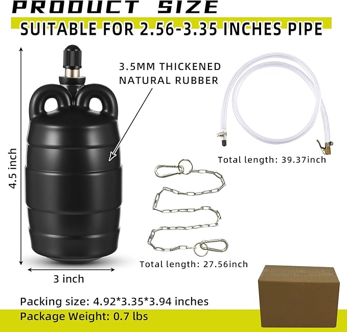 Test-Ball Pipeline Plugging Air Bag,Sewer Test Plug，Water Shut Off Airbag, Rubber Plumbing Balloon，Inflatable Pipe Test Plug，Used for Drainage Pipe, Sewage Pipe Temporary Water Blocking (3 Inchs)