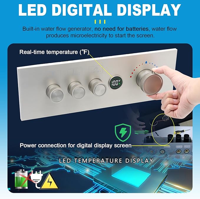 Enga 3-Function Shower Mixing Valve, Temperature Display Push-Button Thermostatic Valve with Flow Volume Control, Brushed Nickel