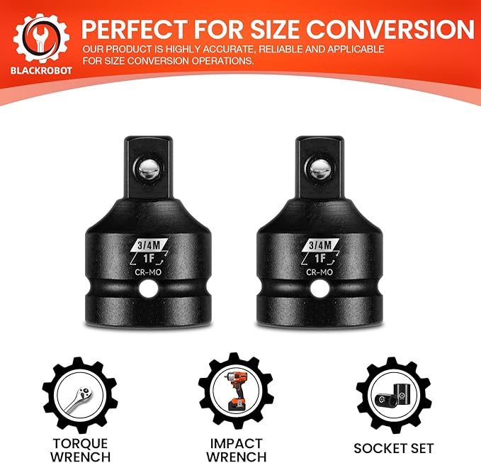 BLACKROBOT 2 Pieces 1” F To 3/4” M Impact Socket Adapter Set, SAE Drive Cr-Mo Steel Exceeds ANSI Standards, Square Drive Socket Reducer for Impact Driver Wrench