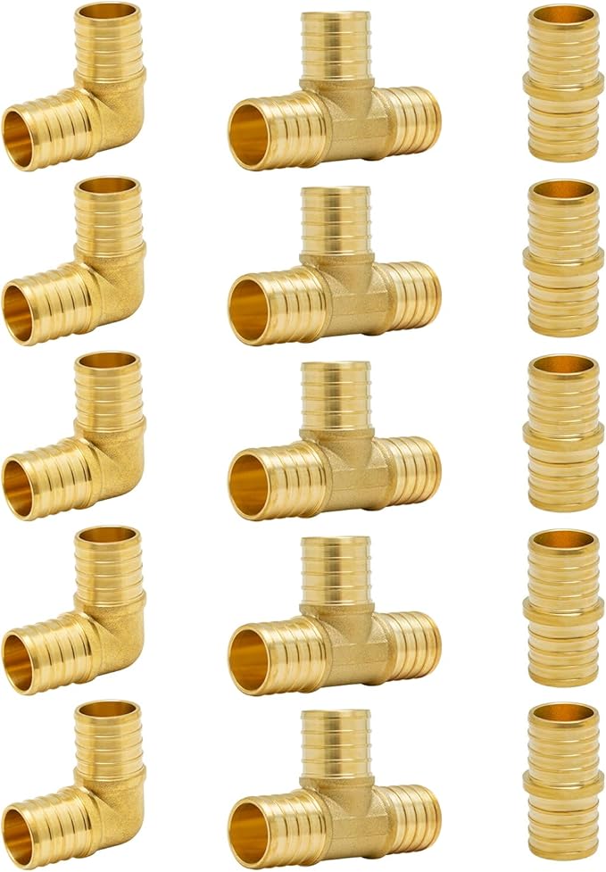 SUNGATOR 15-Pack 1 Inch PEX Fittings, 5 Each Elbow Tee Coupling, No Lead Brass, Pex Fittings 1 Inch Assortment, UPC, NSF Certified