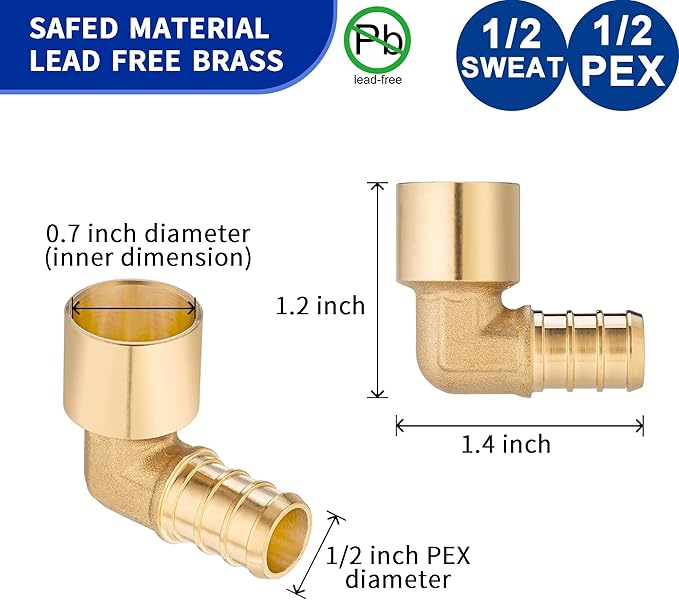 (10 Pack) Lidertik Copper to Pex Fittings 1/2 inch Elbow, 1/2" Pex B F1807 x 1/2" Female Elbow Sweat Adapter Brass LI-APXFSE1212 (10 Pieces)