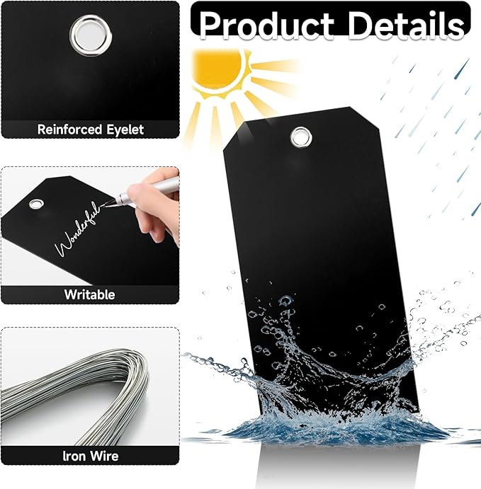 200 Pcs 6 1/4 x 3 1/8 Plastic Shipping Tags with Wire - Double-Sided Writable Price Tags for Retail - Rectangle Tie On Labels for Engraving Equipment, Garage, Moving (Black)