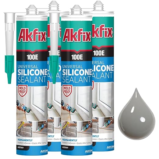 Akfix 100E RTV Grey Silicone Caulk (4x10.1 fl.oz.) - 100% Waterproof Silicone Sealant for Kitchen and Bathroom, Shower, Toilet, Sink, Window and Door, No Yellowing | Grey, 4 Pack