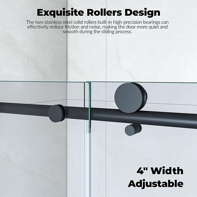 Semi-Frameless Sliding Shower Door - 56 to 60 Inch Adjustable Width x 76 Inch High, 6mm Coated Tempered Glass with Easy Clean, One Fixed & One Sliding Panel, Stainless Steel Round Rail, Matte Black