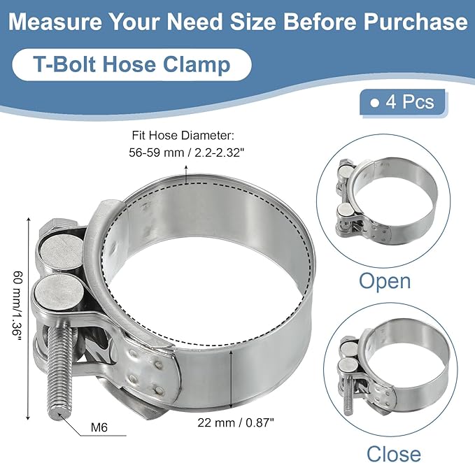 PATIKIL 56-59mm T-Bolt Hose Clamp, 4 Pack Intercooler Pipe Tube Clamps 304 Stainless Steel Radiator Hose Clamp for 2.2"-2.32" Pipe