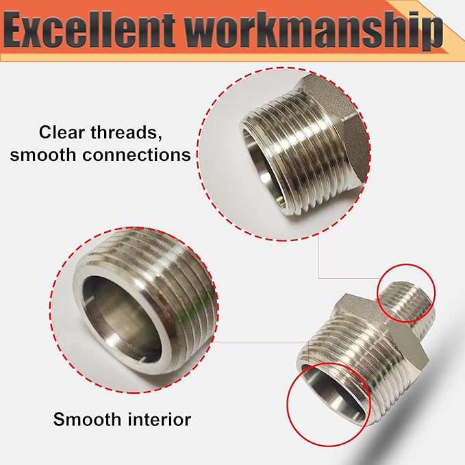 1/2” Male x 1/4"Male NPT Threaded Reducing Nipple Pipe Fitting Adapter, Heavy Duty 304 Stainless Steel Hex Nipple Reducer Straight Connector Pipe Adapter (1/2”-1/4”)