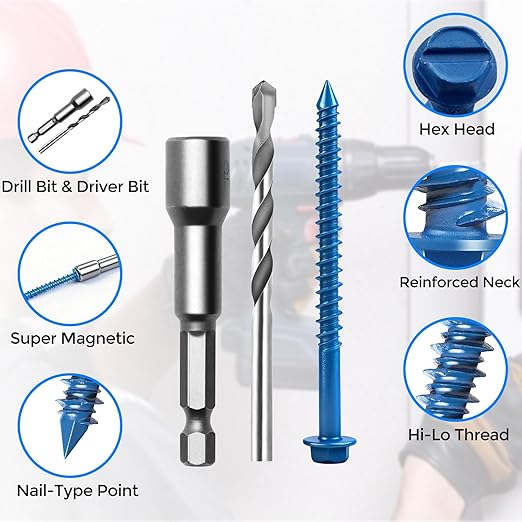 200PCS Concrete Screws, 3/16" 1/4" Masonry Screws with Drill Bit and Driver Bit, 7 Sizes Hex Head Cement Screws for Masonry, Block or Brick, Diamond Point, Blue Coated
