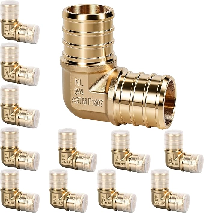 PEX Fittings 3/4 Inch, 12PCS Elbow Lead-Free Brass Connectors for PEX B Pipe, NSF UPC Certified, ASTM F1807, Compatible with Crimp/Clamp Rings (Hot/Cold Water, Hydronic Heating)