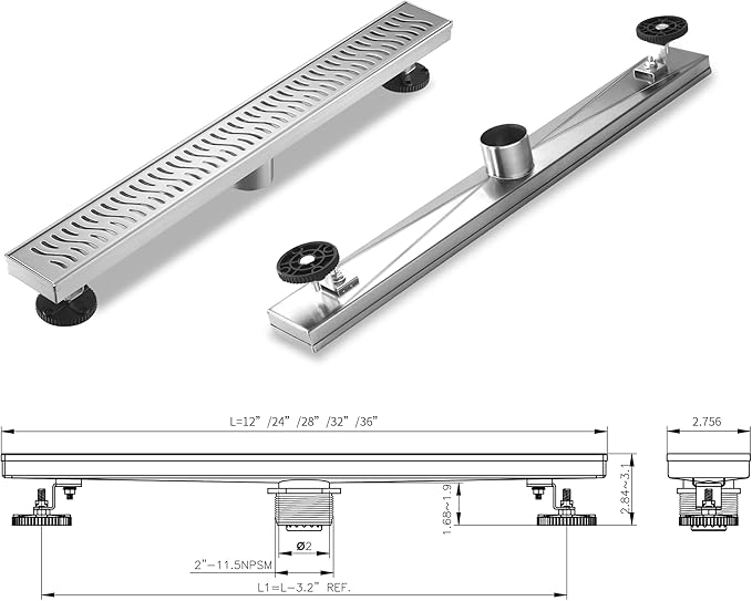 Linear Shower Drain 36 inch, Floor Drain with Removable Pattern Grate, 304 Stainless Steel Rectangular Linear Drain with Hair Strainer, CUPC Certified, Brushed Nickel, SD-103