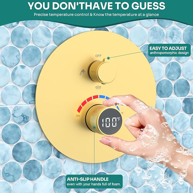 Temperature Display Shower Valve 3 Way Brass Rough-in Mixer and Round Trim Kit, Triple Function Digital Shower Diverter, Brushed Gold