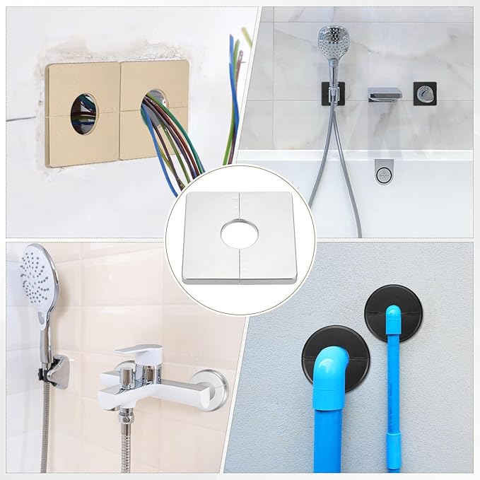 PATIKIL Wall Split Flange 86mm / 3.4" OD, 4 Pcs Square Escutcheon Plate Cover PPR Plumbing Cover Plates with Self-Adhesive Tape for 27mm / 1.1" Dia Water Pipe Faucet, Silver