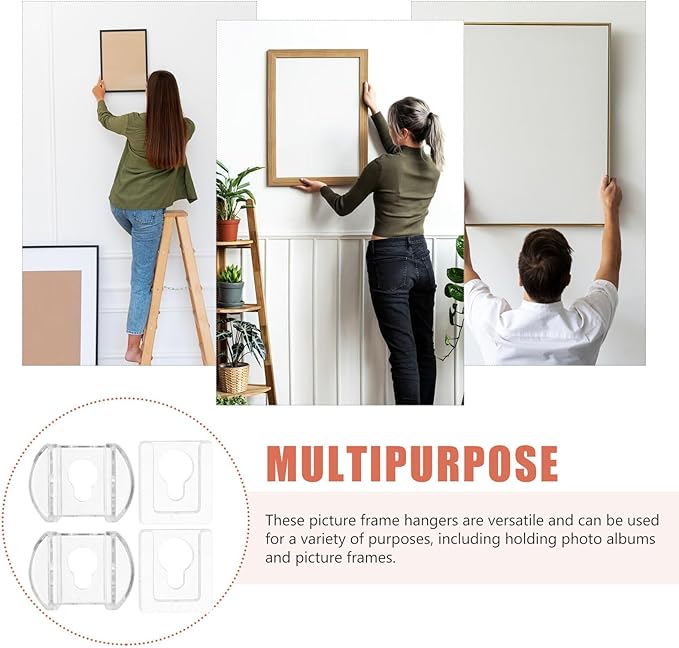 8pcs Transparent Acrylic Frame Hangers Interlocking Keyhole Clips for Photo Albums Mirror Holder Wall Mounting Brackets Adhesive No Residue Damage